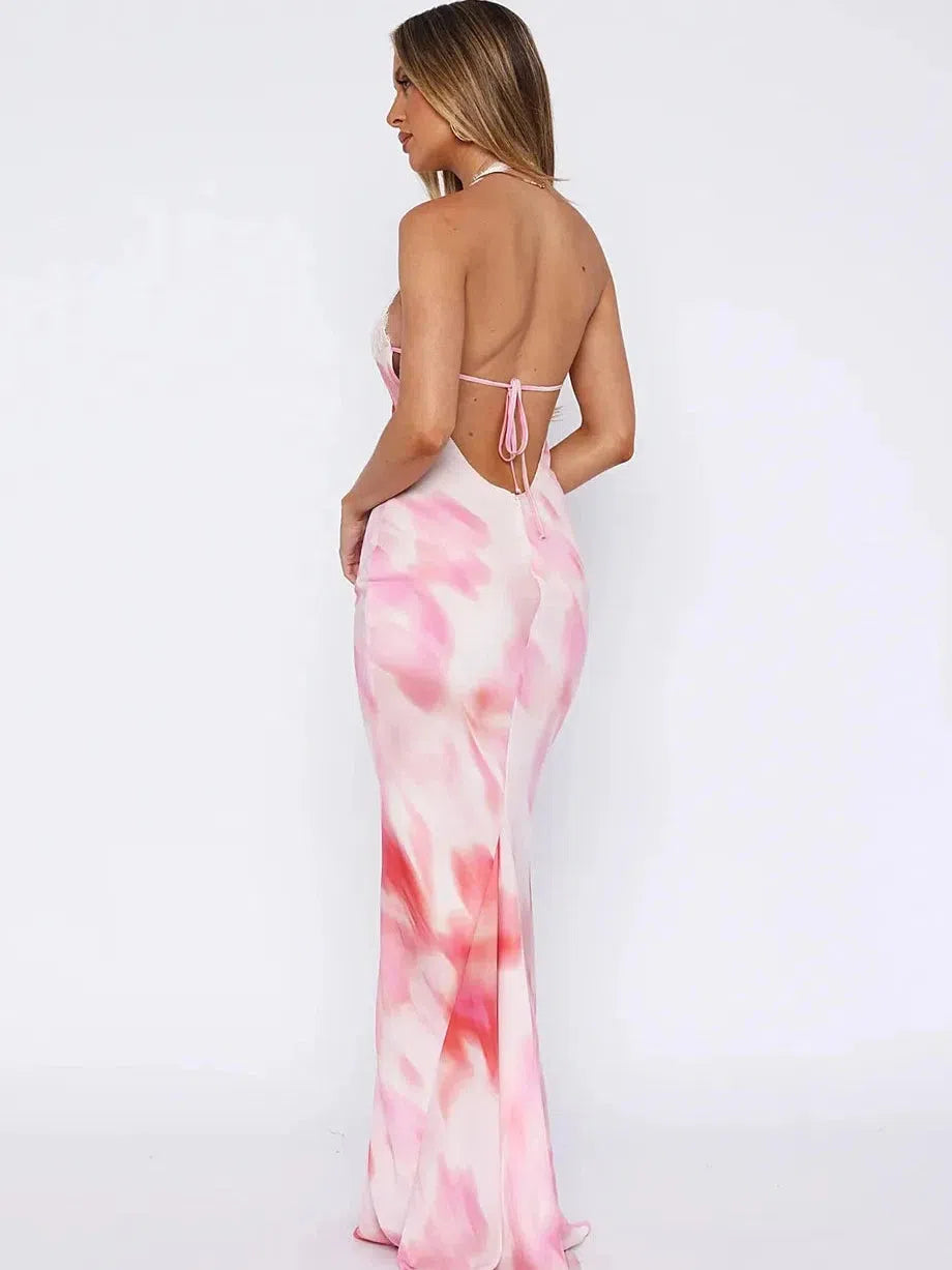 Halterneck Tie-Dye Backless Lace Maxi Dress Halterneck Tie-Dye Backless Lace Maxi Dress