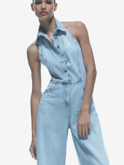 Halterneck Backless Denim Jumpsuit