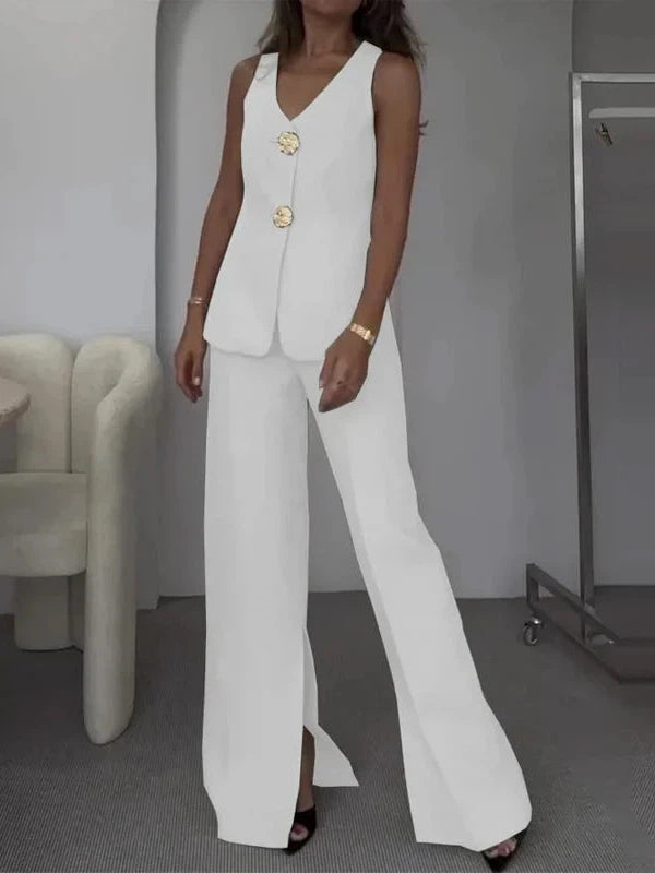 Shell Long Vest Waist Coat & Wide Leg Pant With Slit Coord Set