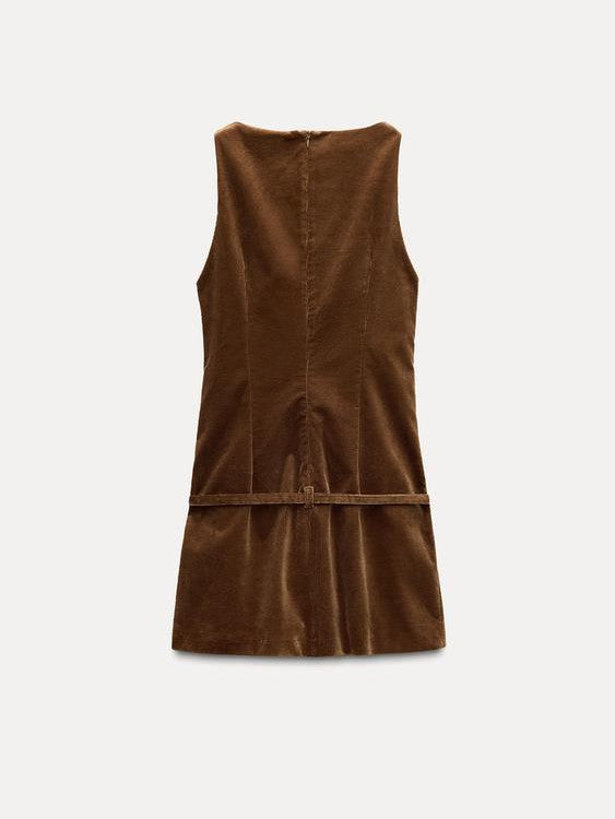Corduroy Sleeveless Short Dress With Belt