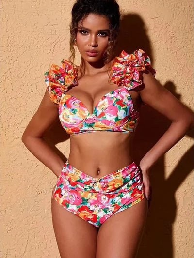 Floral Print Ruffle Bikini Set With Skirt