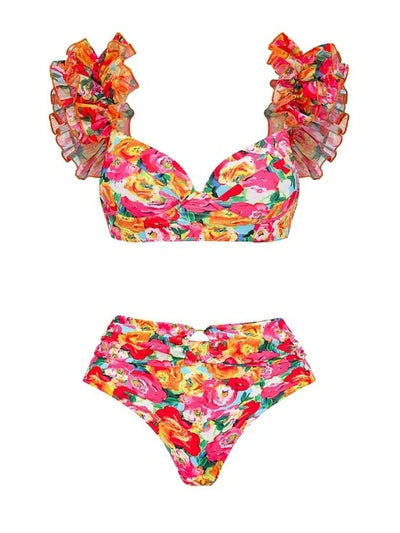 Floral Print Ruffle Bikini Set With Skirt