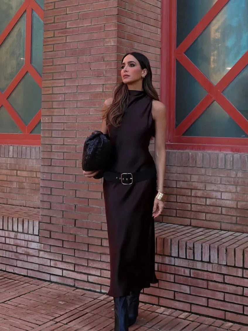 Brown Satin Midi Dress with Belt