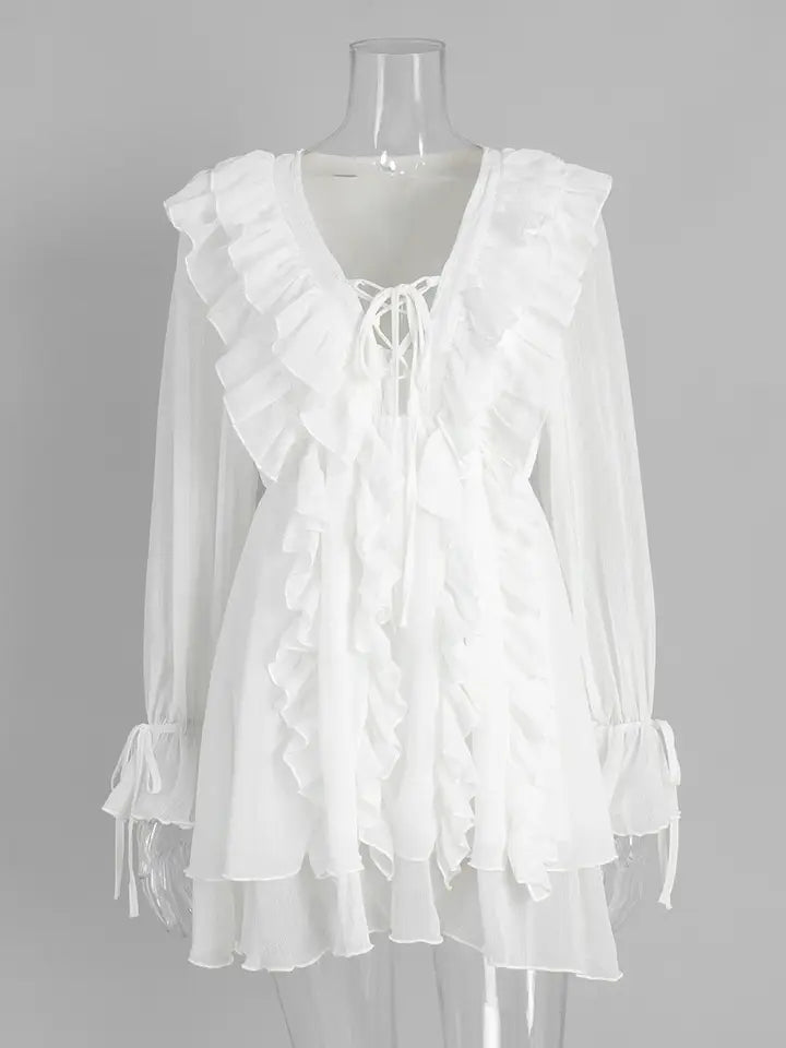 V Neck Sleeve With Ruffle Hem Short Dress