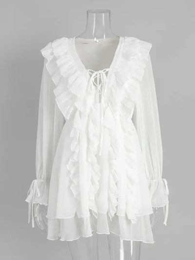 V Neck Sleeve With Ruffle Hem Short Dress