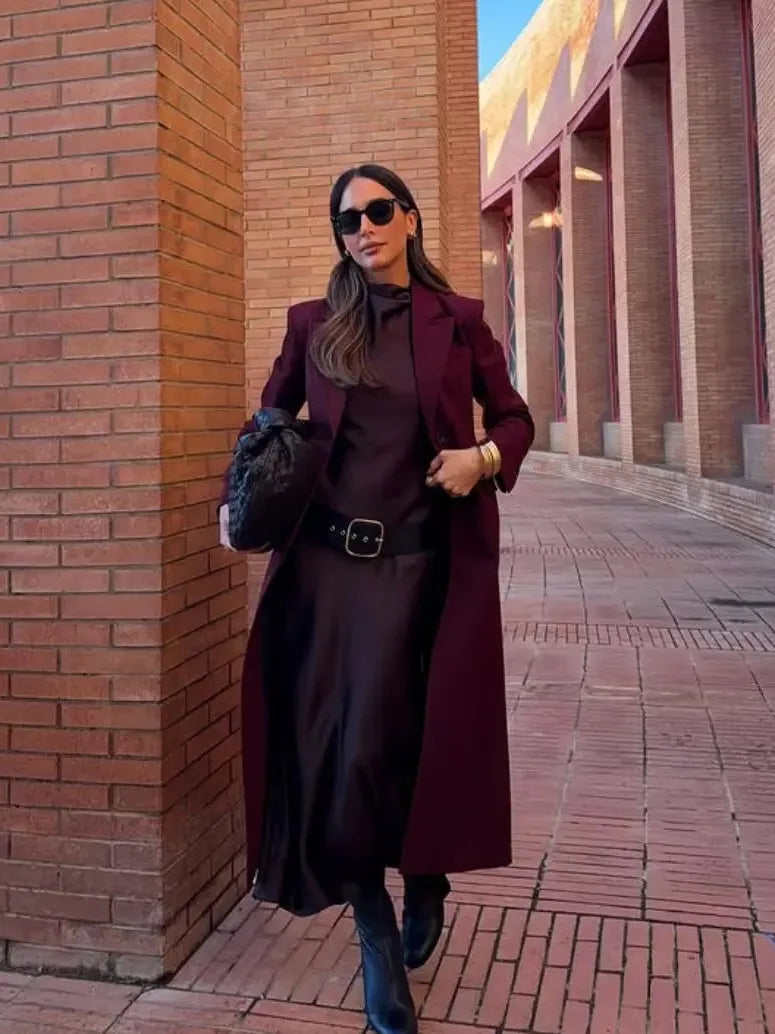 Brown Satin Midi Dress with Belt