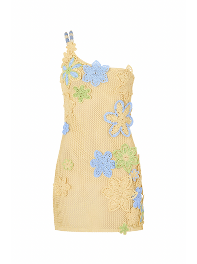 Namma One Shoulder Applique Crochet Mini Dress