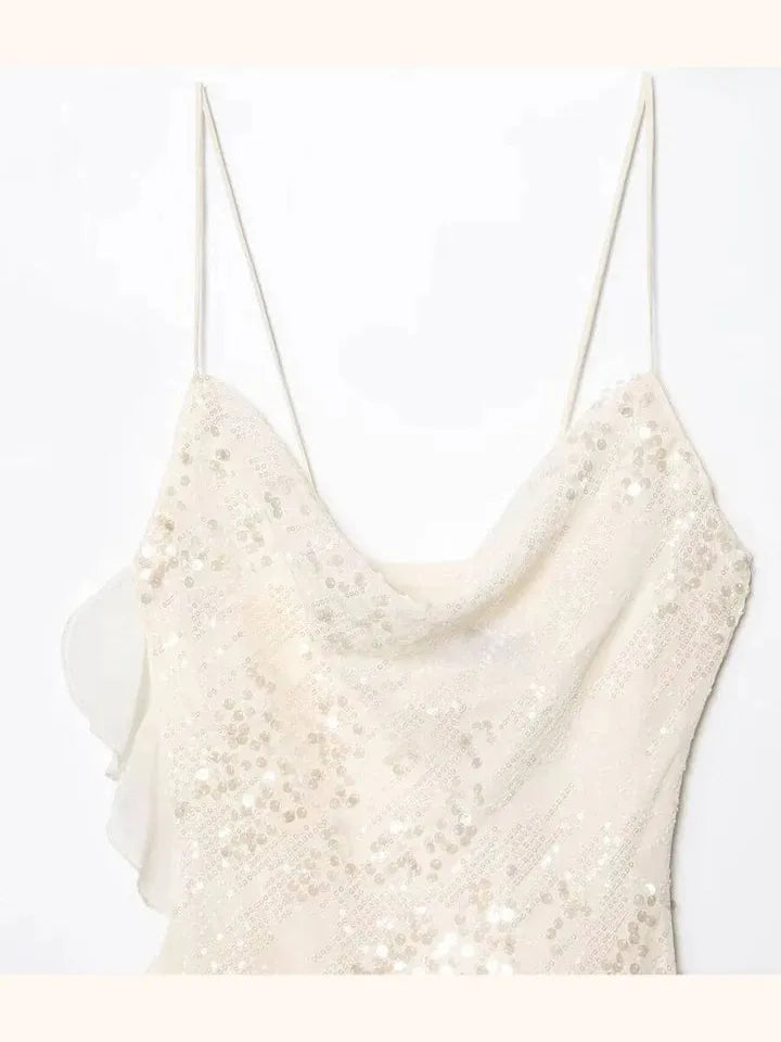 White  Asymmetric Ruffle Sequins Short Dress