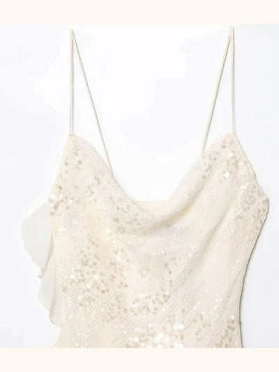 White  Asymmetric Ruffle Sequins Short Dress