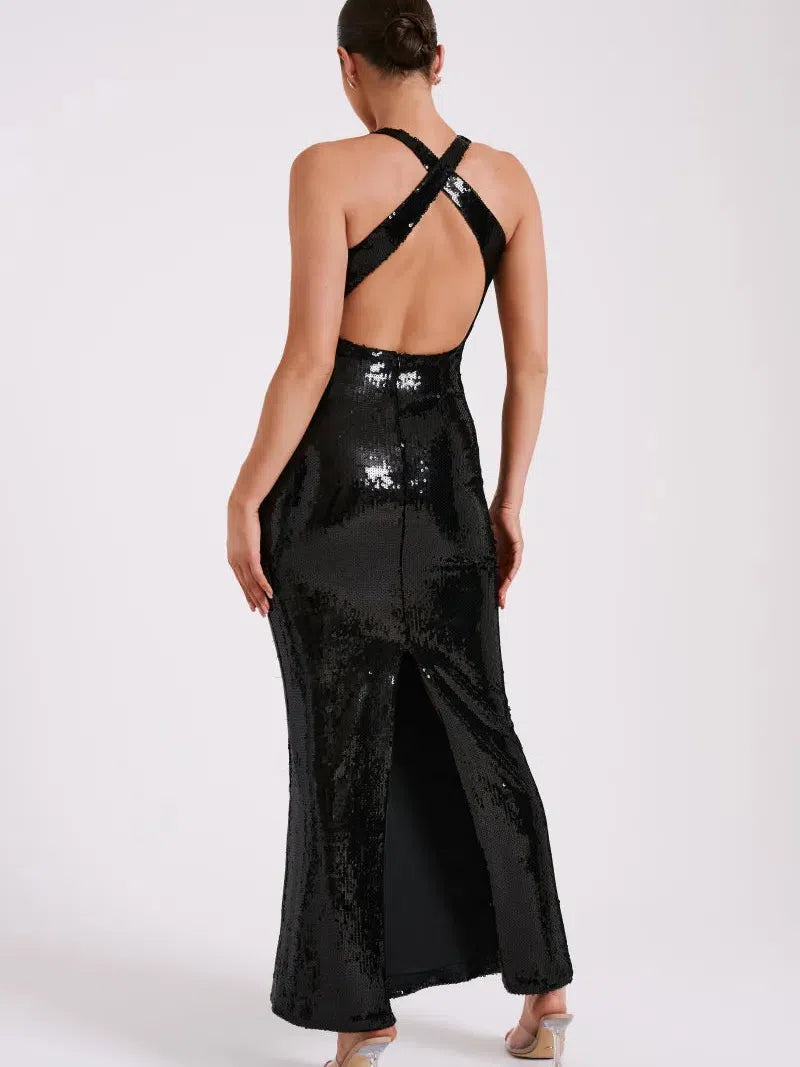 Applique Rose Sequin  Backless Maxi Dress