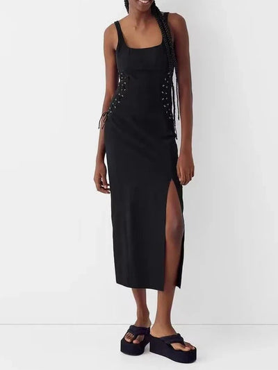 Sleeveless Lace-up Slit Midi Dress