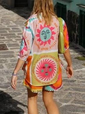 Summer Pink Bright Sun Print Shirt & Shorts Coord Set