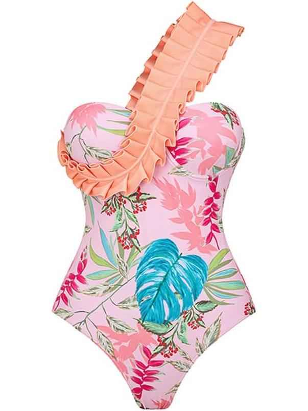 Tropical Ruffle One-Shoulder Swimsuit & High-Low Skirt Set