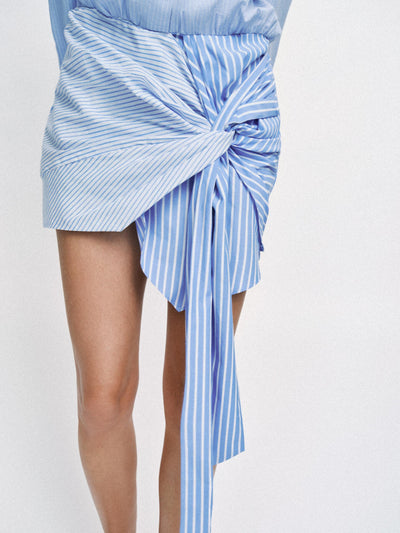 City Stripe Twist Shirt Dress in blue and white stripes with a knotted wrap at the hip