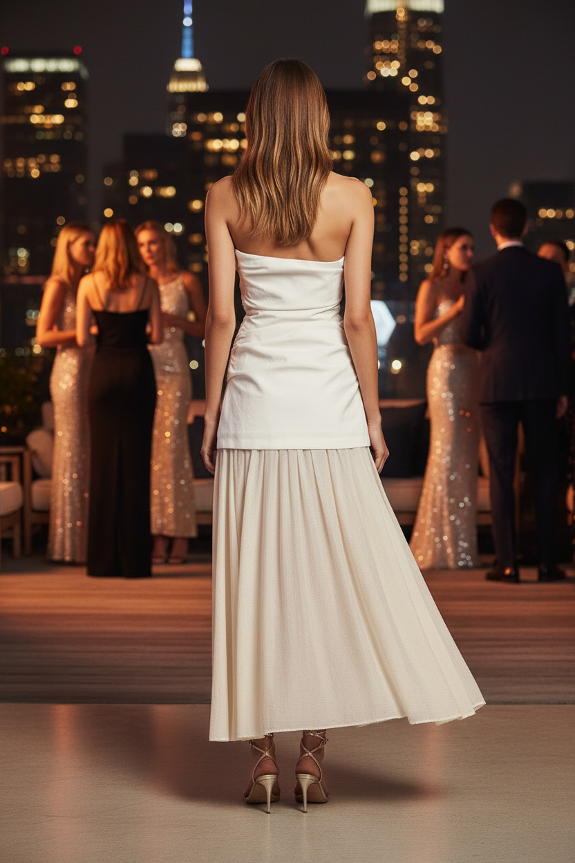 Contrast Strapless Tube Midi Dress Exclusives; white strapless top with cream midi skirt, back view.