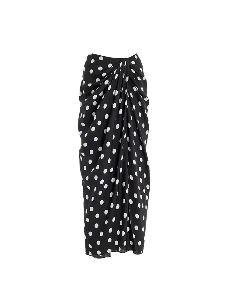 Polka Dot Off-Shoulder Swimsuit & Sarong Set, black with white polka dots