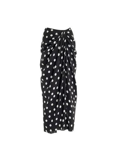 Polka Dot Off-Shoulder Swimsuit & Sarong Set, black with white polka dots