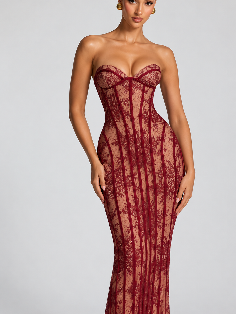Floral Lace Corset Mermaid Gown in burgundy lace, strapless, dresses on sale