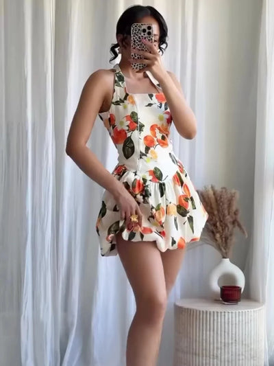Orange Print Halterneck Backless Short Dress
