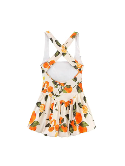 Orange Print Halterneck Backless Short Dress