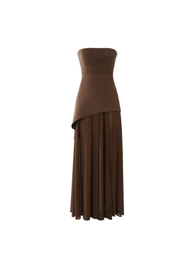 Brown Strapless Mesh Brown Maxi Dress with Scarf
