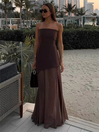 Brown Strapless Mesh Brown Maxi Dress with Scarf