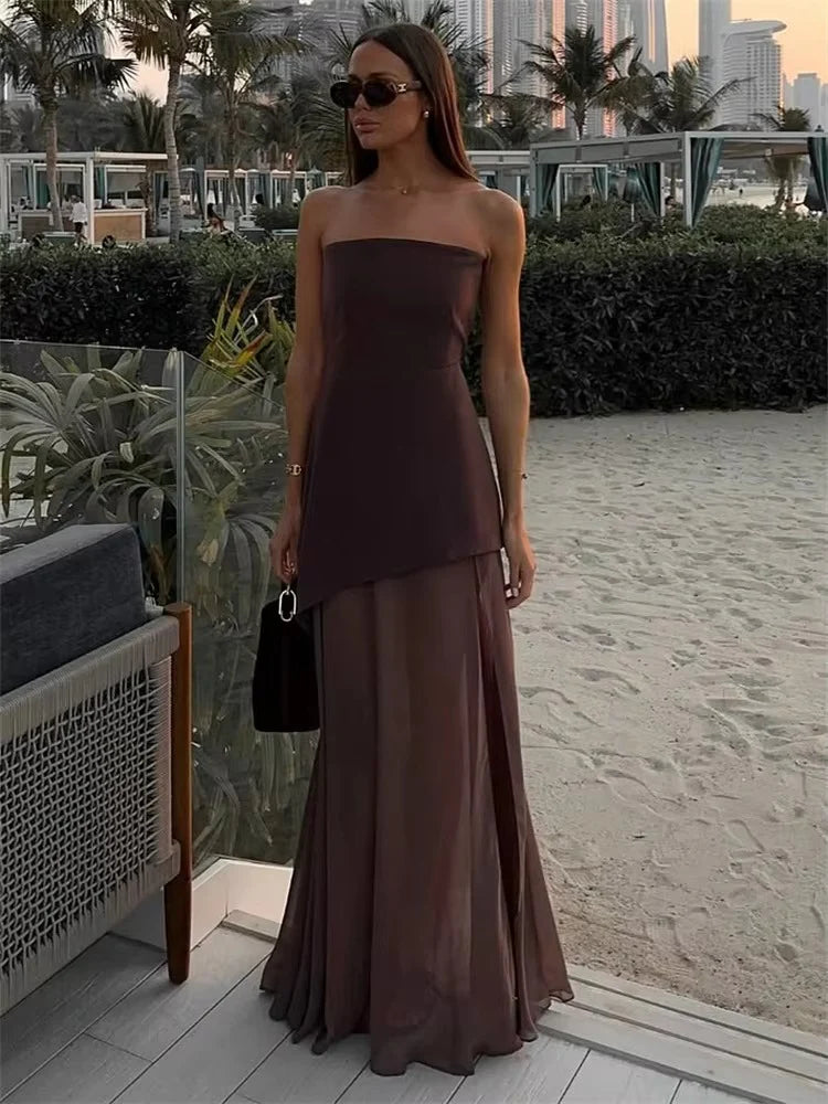Brown Strapless Mesh Brown Maxi Dress with Scarf Brown Strapless Mesh Brown Maxi Dress with Scarf