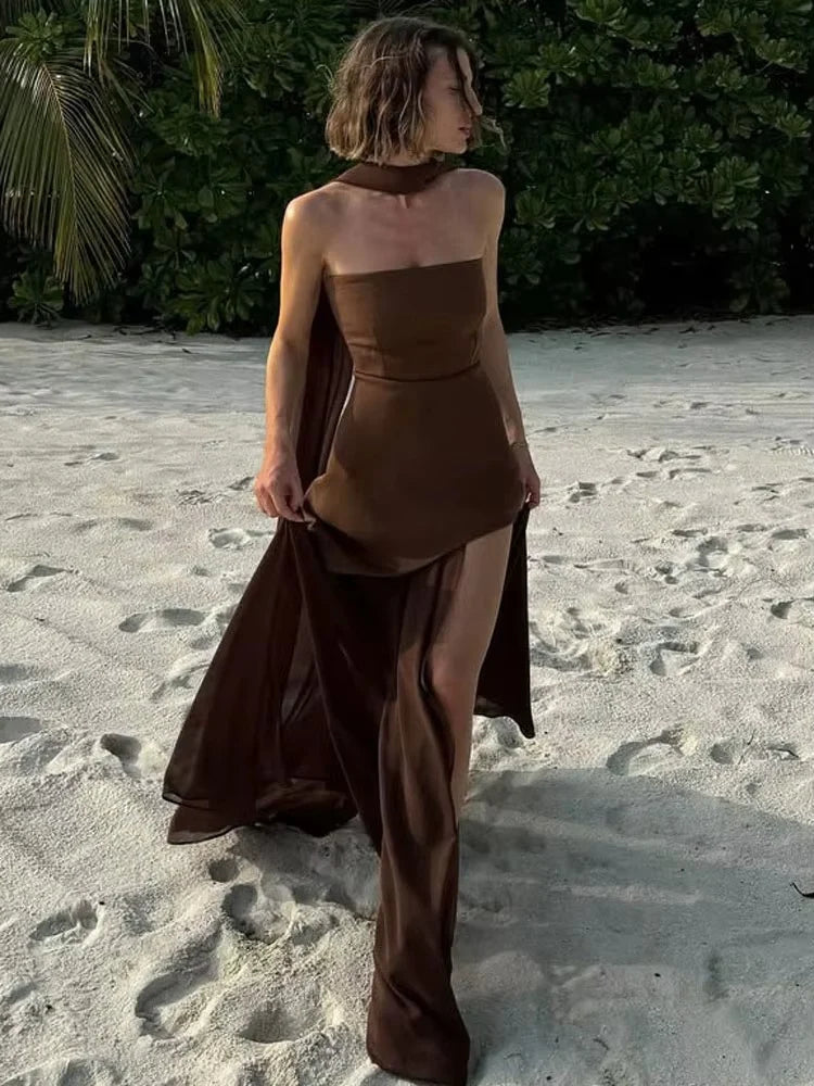 Brown Strapless Mesh Brown Maxi Dress with Scarf Brown Strapless Mesh Brown Maxi Dress with Scarf