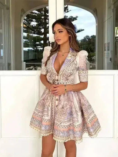 Geometric Print Vintage Short A Line Dress with Belt