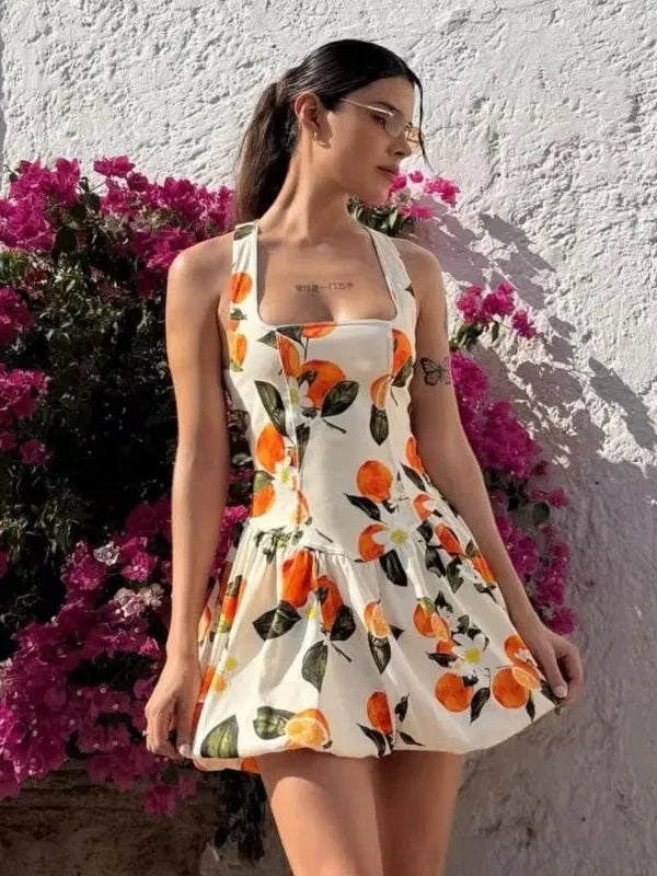 Orange Print Halterneck Backless Short Dress