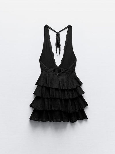 Tied Halterneck Deep V Neck Ruffle Short Dress