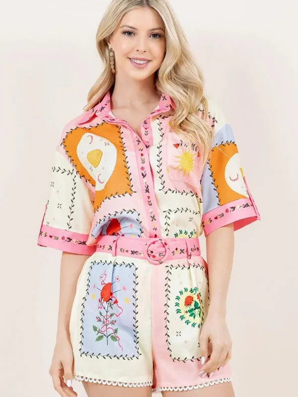 Sun/ Moon Tile Print Shirt & Shorts Coord Set