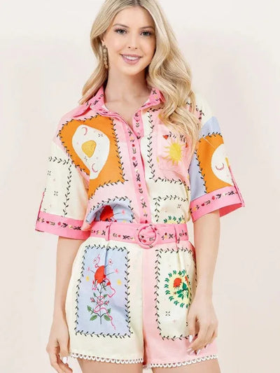 Sun/ Moon Tile Print Shirt & Shorts Coord Set