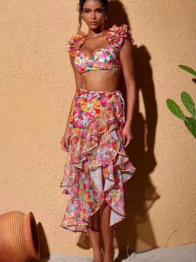 Floral Print Ruffle Bikini Set With Skirt