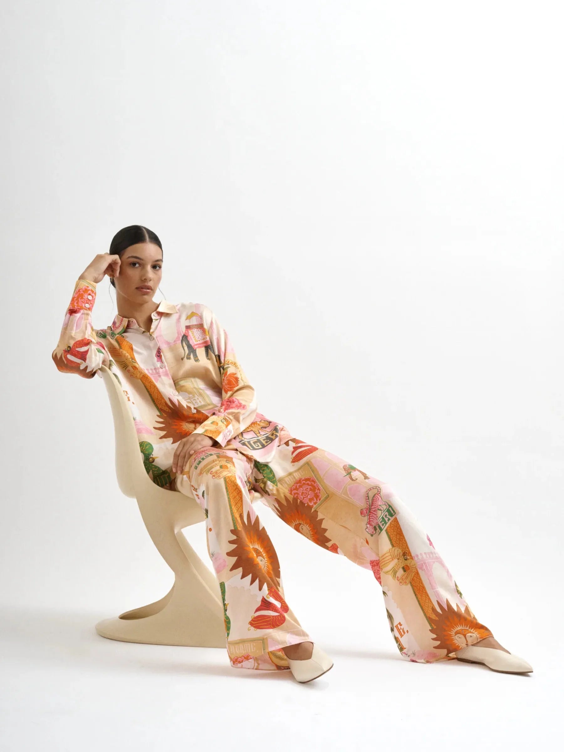 Summer Elephant Tiger Print Shirt & Pants Coord Set