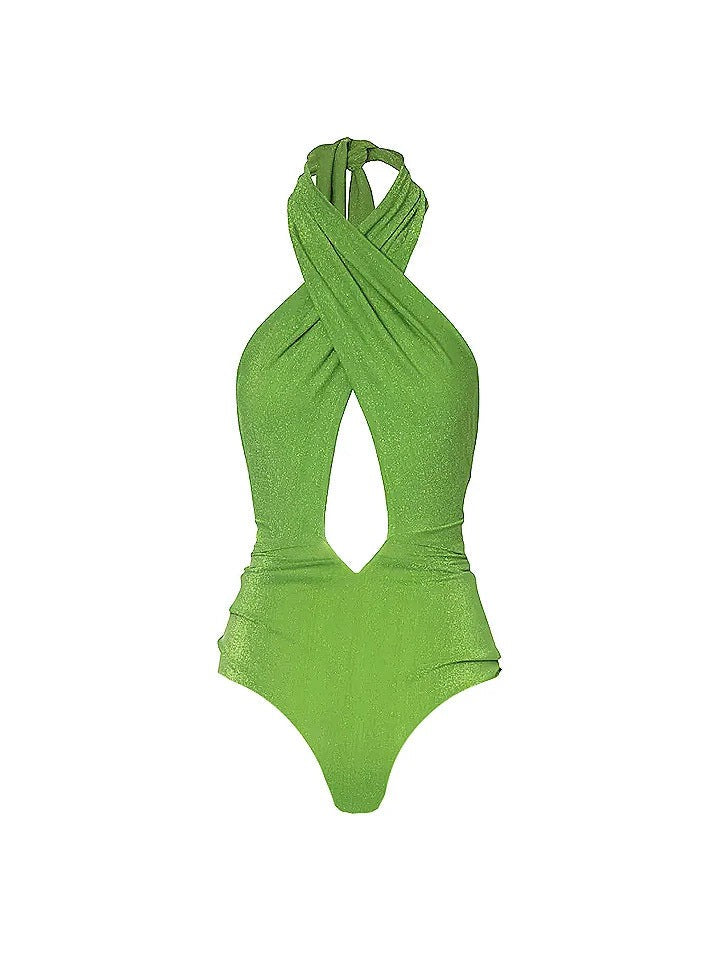 Lime green glitter halter-neck swimsuit with crisscross front straps, central cutout, and a layered skirt detail.