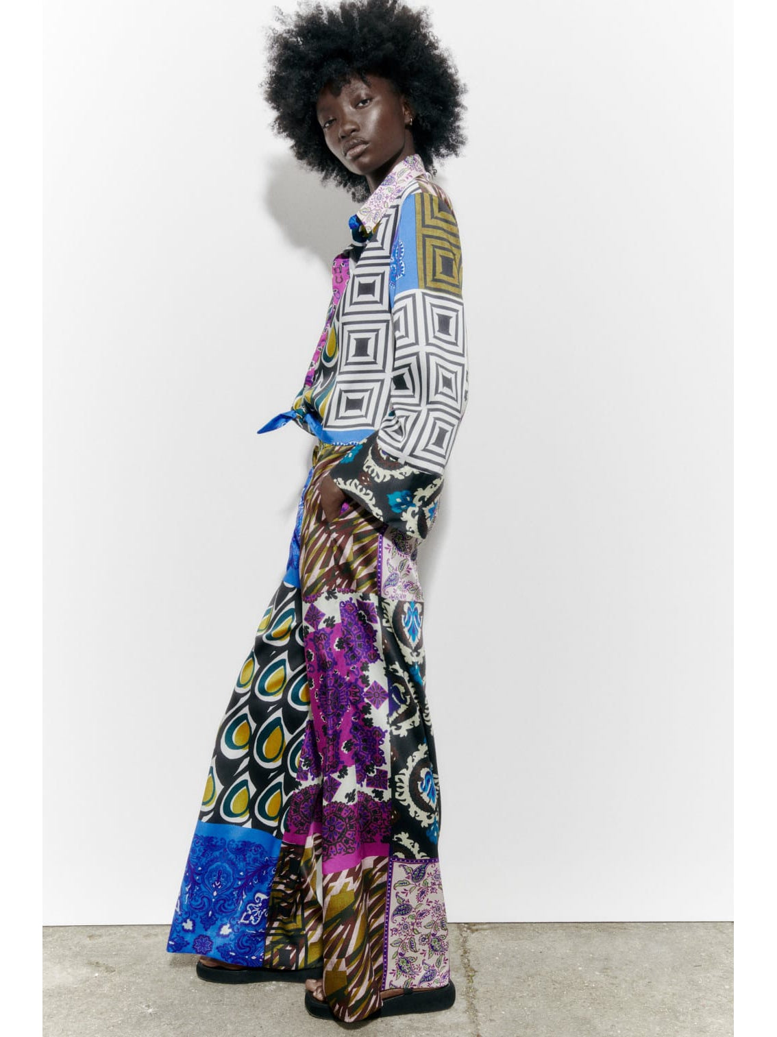 Abstract Print Short Shirt Top & Wide Leg Pants Coord Set