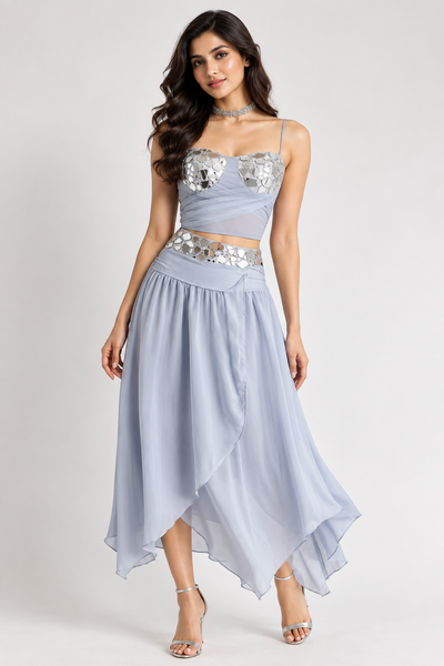 Celestia Mirror Co-ord Set, EXCLUSIVES two-piece outfit in light blue with silver mirrored accents on sale