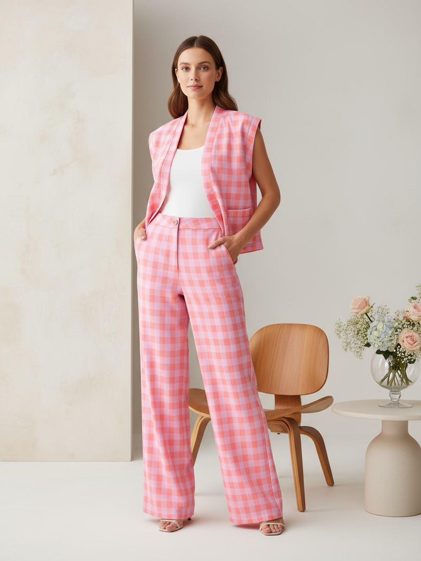 Gingham Print Jacket & Pant Coord Set