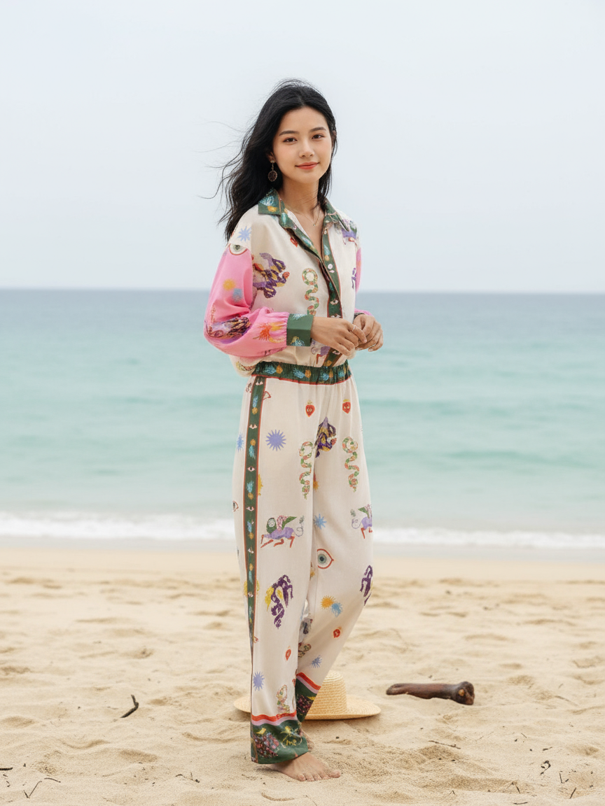 Summer Animal Eye Print Shirt & Pants Coord Set