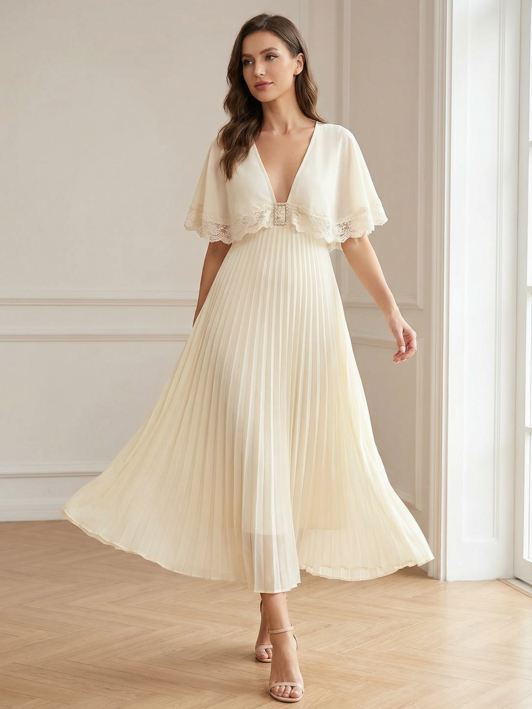 Lace Trim Pleated Cape Sleeve Maxi Dress