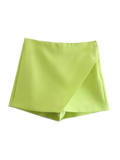 Lime green satin-like high-waisted skort with a diagonal wrap-front panel