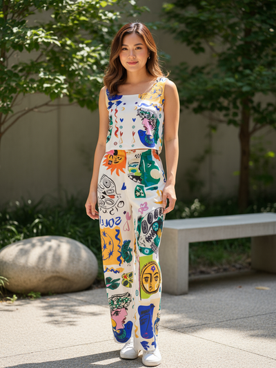 Abstract Print Wide Leg Pants & Vest Coord Set
