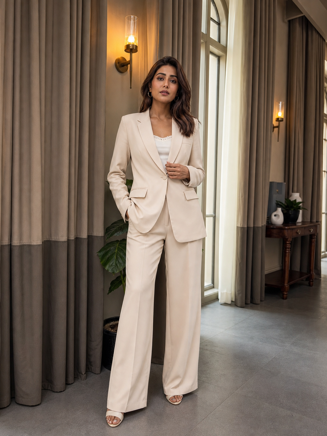 Long blazer & pant coord set in beige by EXCLUSIVES — pant suit on sale