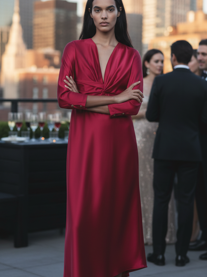 Exclusives V Neck Silk Forged Texture Bow Tie Elastic Sleeve Dress in red