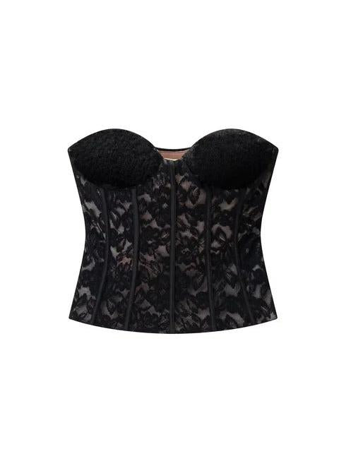 Noir Bloom Strapless Corset, black lace waist cincher.
