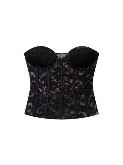 Noir Bloom Strapless Corset, black lace waist cincher.