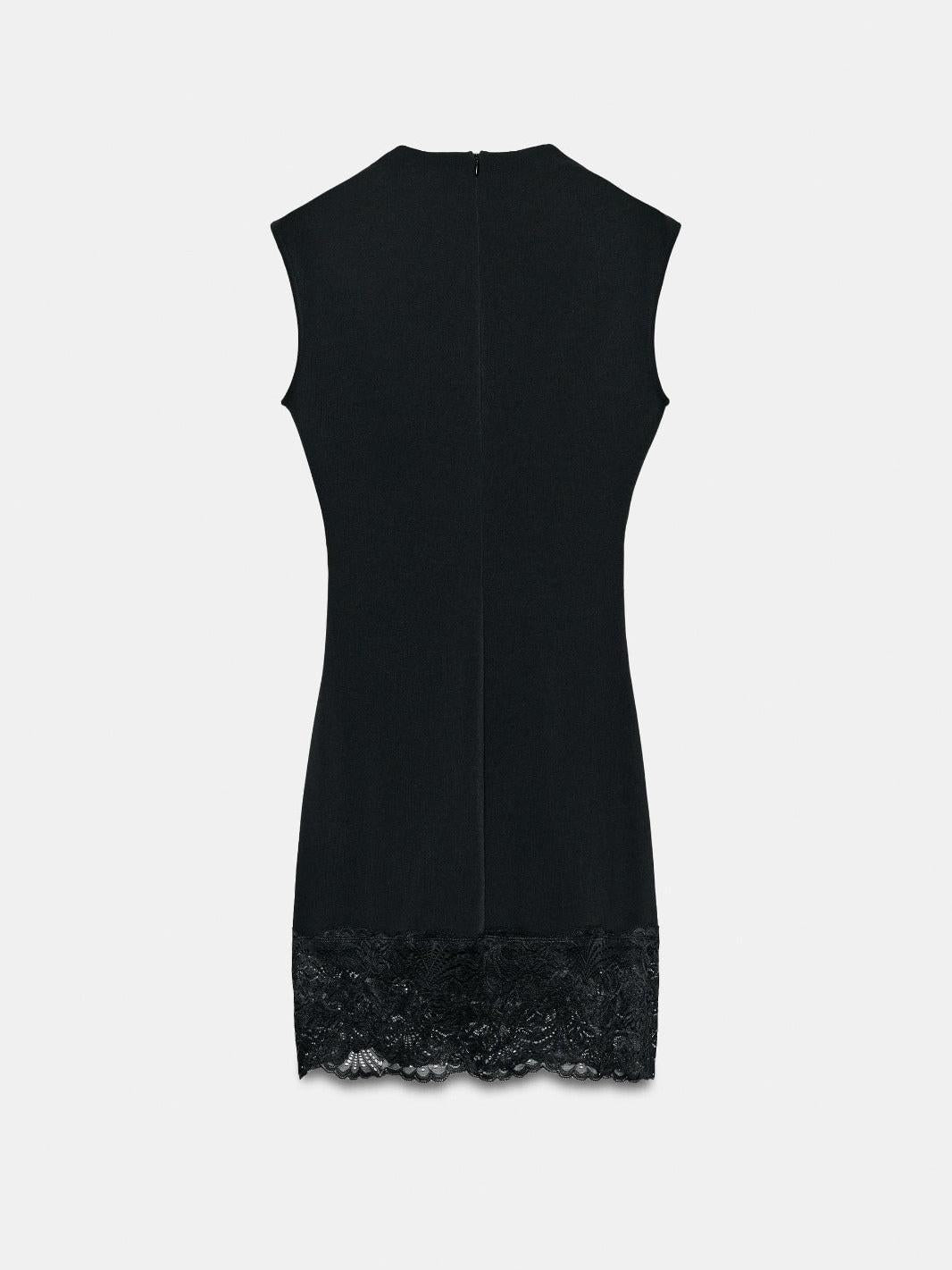 Minimal Muse Lace Mini Dress by SR Store; black sleeveless dress with lace hem and back zipper.