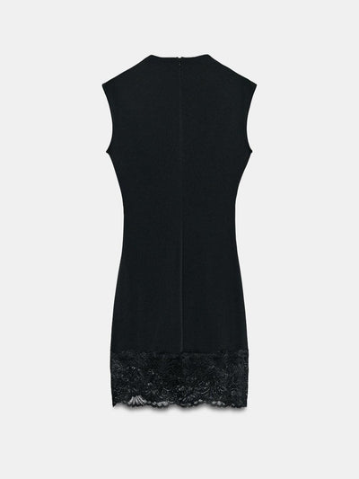Minimal Muse Lace Mini Dress by SR Store; black sleeveless dress with lace hem and back zipper.