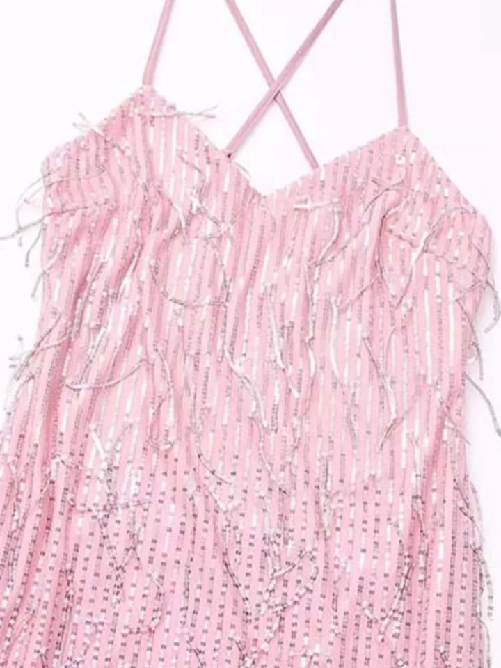 Pink Tie Dye Sequins Tassel Dress